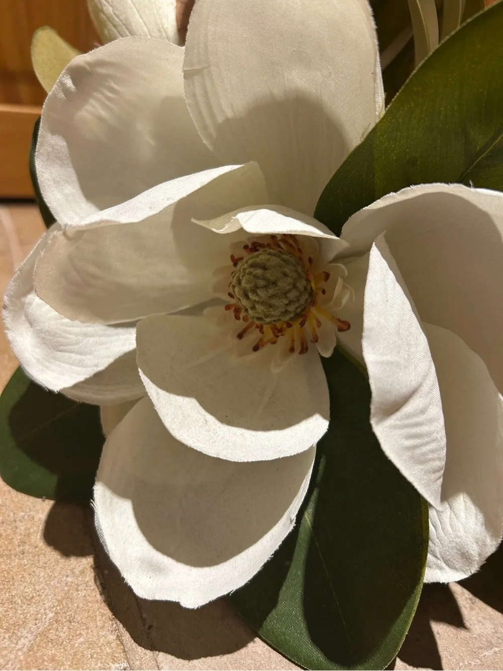 White Floral Magnolia Candle Holder with Green Leaves & White Candle- Home Decor